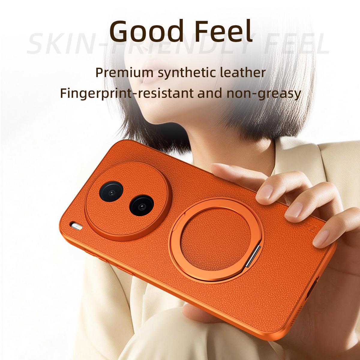 For vivo Y600 Pro 5G Goatskin Vegan Leather Magnetic Phone Case  With 360 Degree Rotating Holder - Orange - EDA009904309A