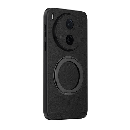 For vivo Y600 Pro 5G Goatskin Vegan Leather Magnetic Phone Case  With 360 Degree Rotating Holder - Black - EDA009904309B