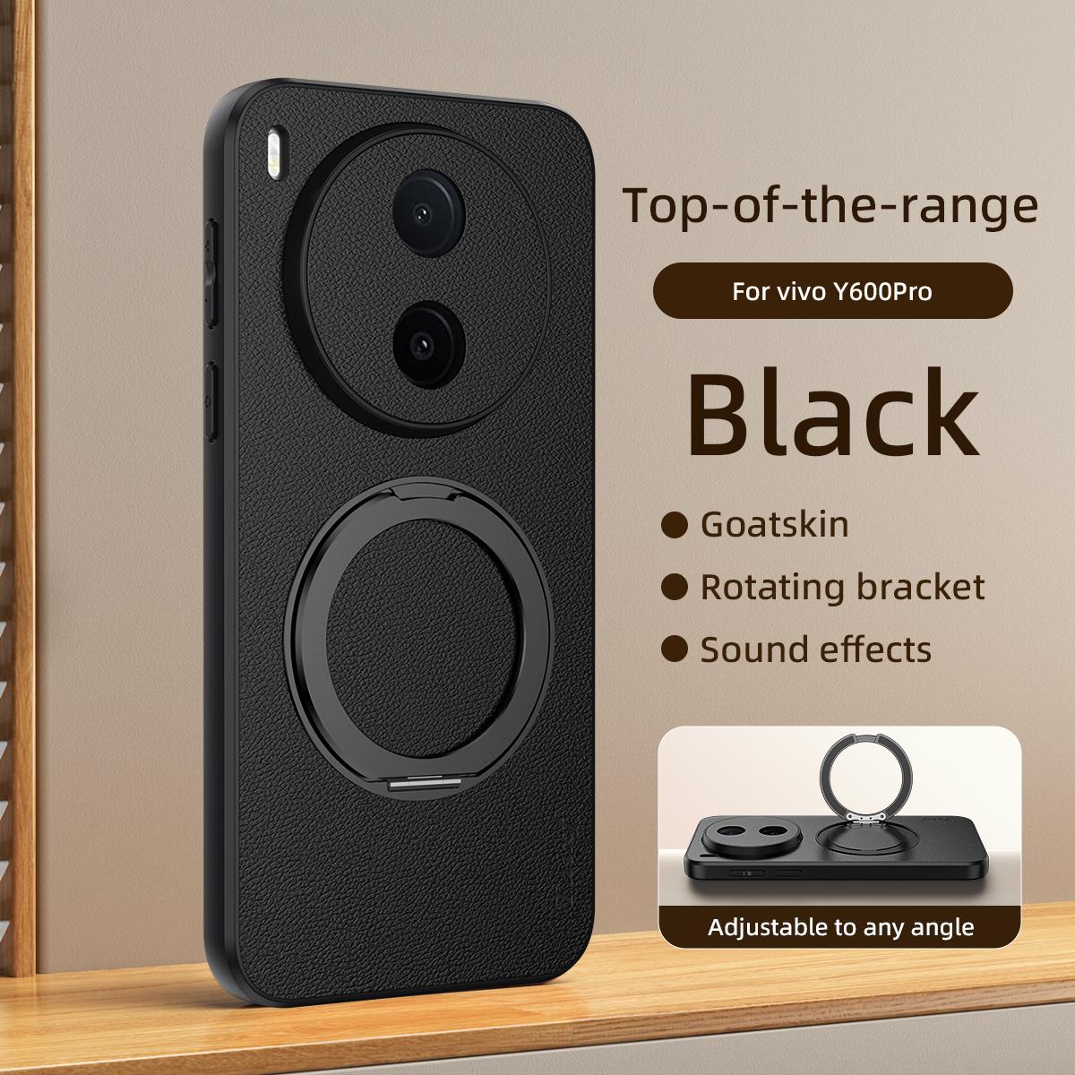 For vivo Y600 Pro 5G Goatskin Vegan Leather Magnetic Phone Case  With 360 Degree Rotating Holder - Black - EDA009904309B