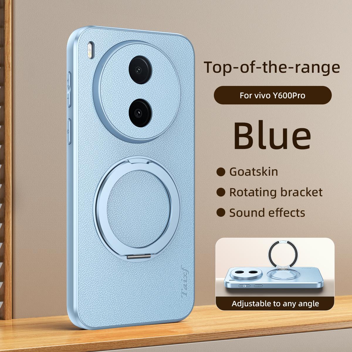 For vivo Y600 Pro 5G Goatskin Vegan Leather Magnetic Phone Case  With 360 Degree Rotating Holder - Blue - EDA009904309C