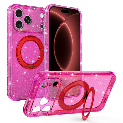 For iPhone 18 Pro Max Glitter 360 Rotation Magnetic Holder Phone Case - Rose Red - EDA009905902A
