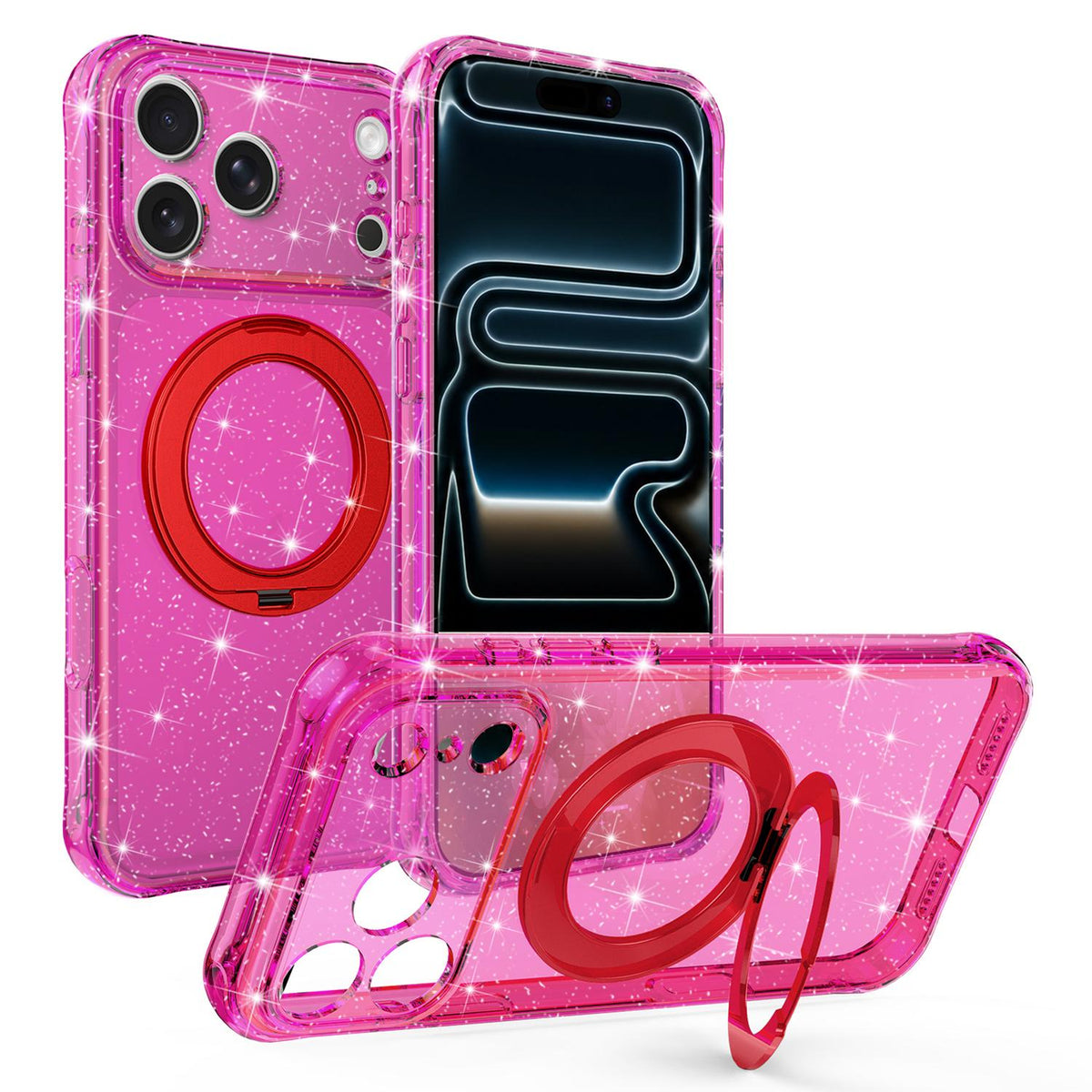 For iPhone 17 Pro Max Glitter 360 Rotation Magnetic Holder Phone Case - Rose Red - EDA009905903A