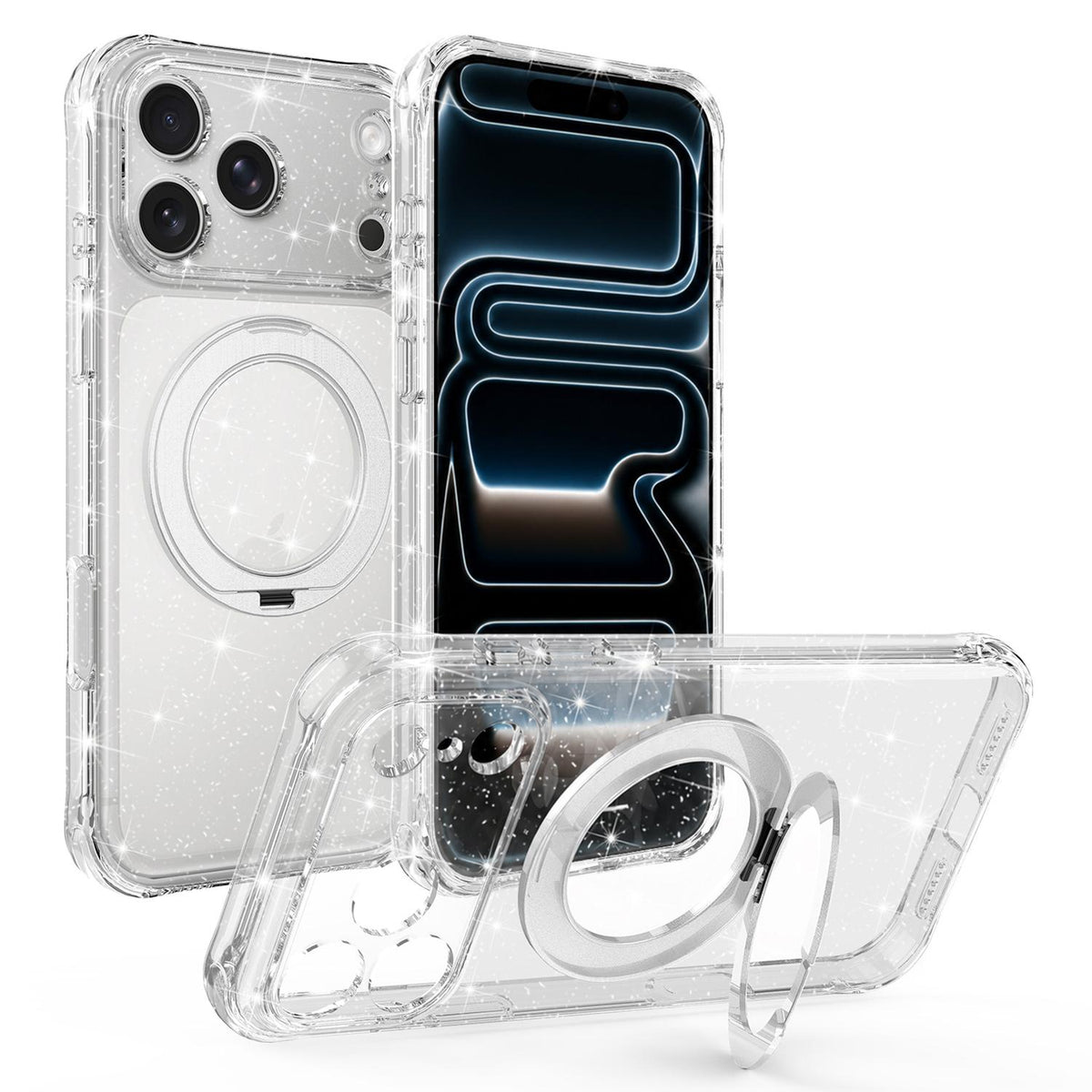For iPhone 17 Pro Max Glitter 360 Rotation Magnetic Holder Phone Case - White - EDA009905903C