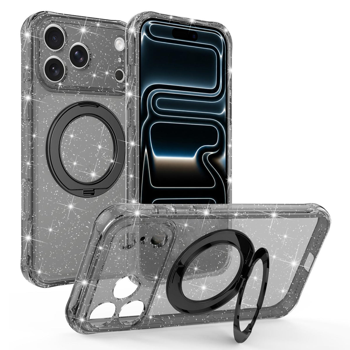 For iPhone 17 Pro Glitter 360 Rotation Magnetic Holder Phone Case - Black - EDA009905904B