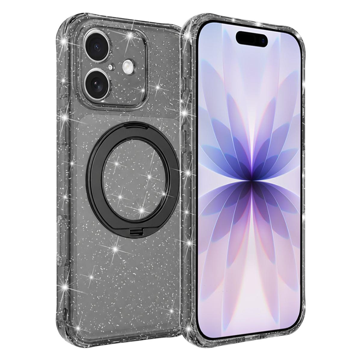 For iPhone 17 Glitter 360 Rotation Magnetic Holder Phone Case - Black - EDA009905905B