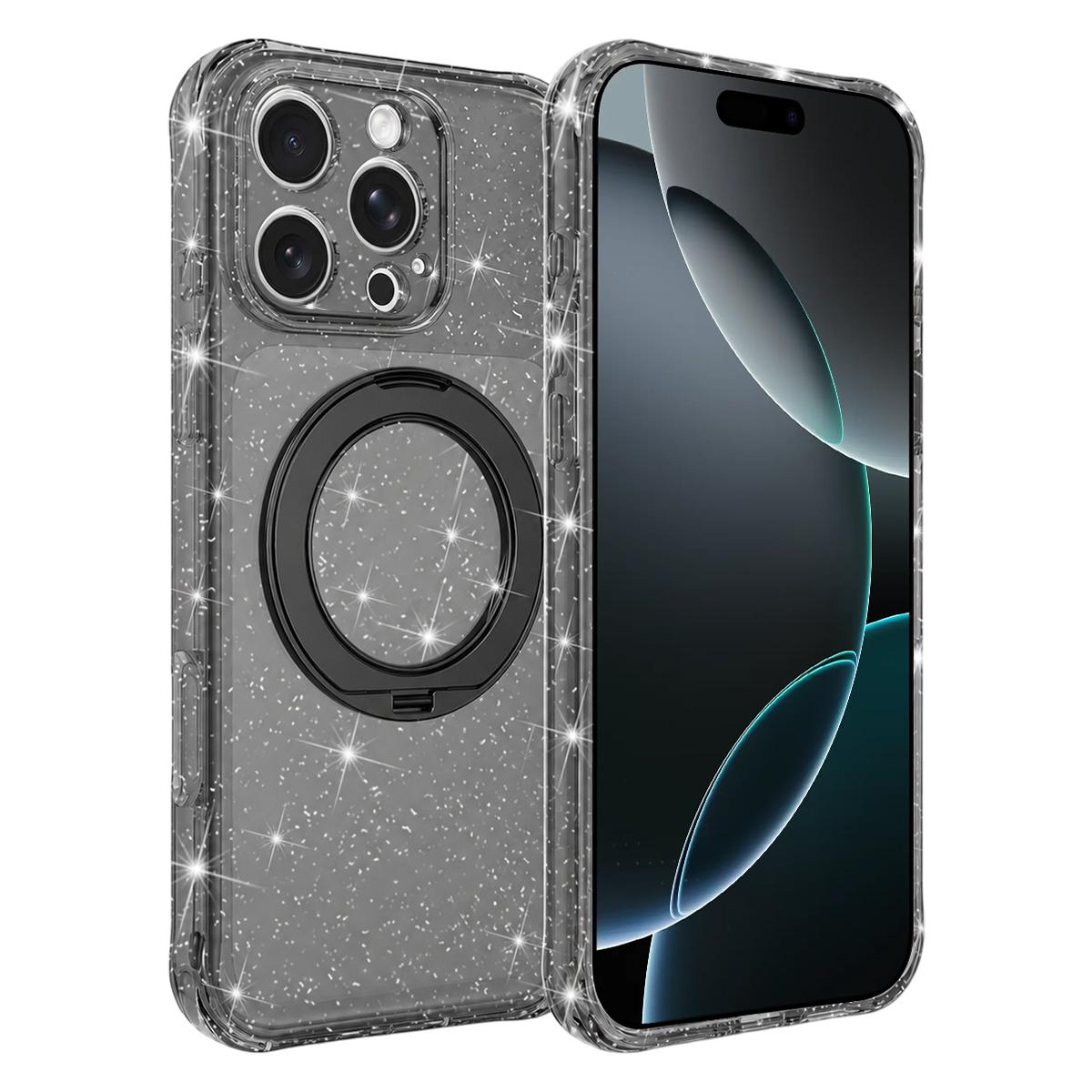 For iPhone 16 Pro Max Glitter 360 Rotation Magnetic Holder Phone Case - Black - EDA009905906B