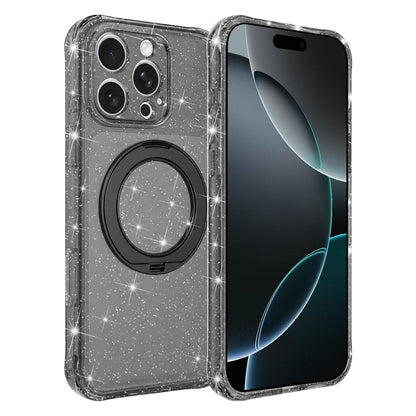For iPhone 16 Pro Max Glitter 360 Rotation Magnetic Holder Phone Case - Black - EDA009905906B