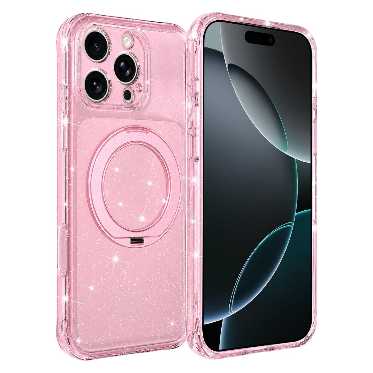 For iPhone 16 Pro Max Glitter 360 Rotation Magnetic Holder Phone Case - Pink - EDA009905906F