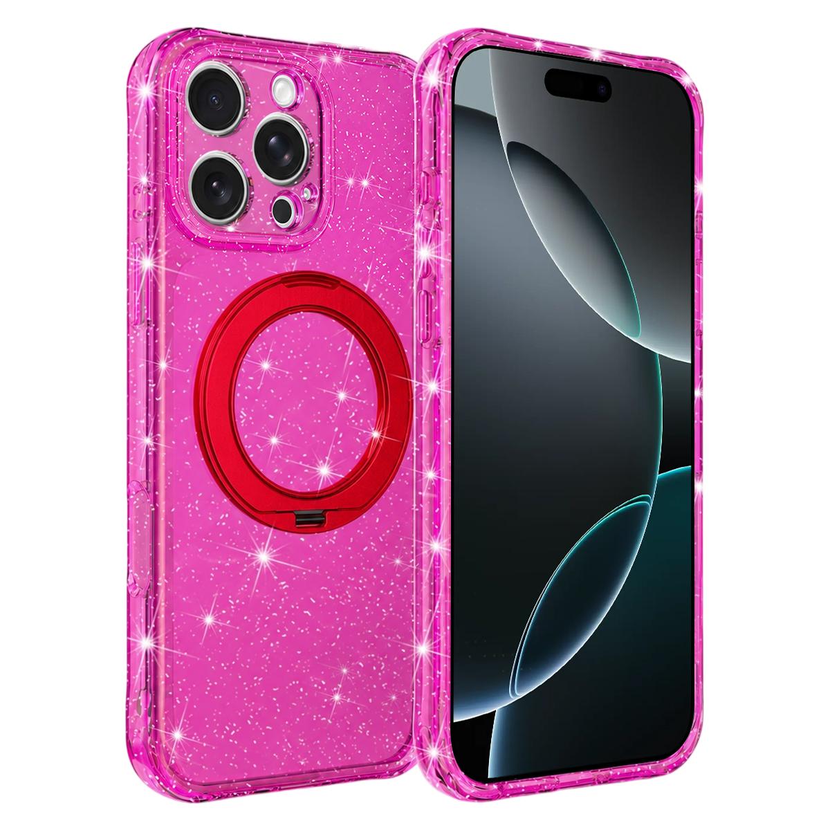 For iPhone 16 Pro Glitter 360 Rotation Magnetic Holder Phone Case - Rose Red - EDA009905907A