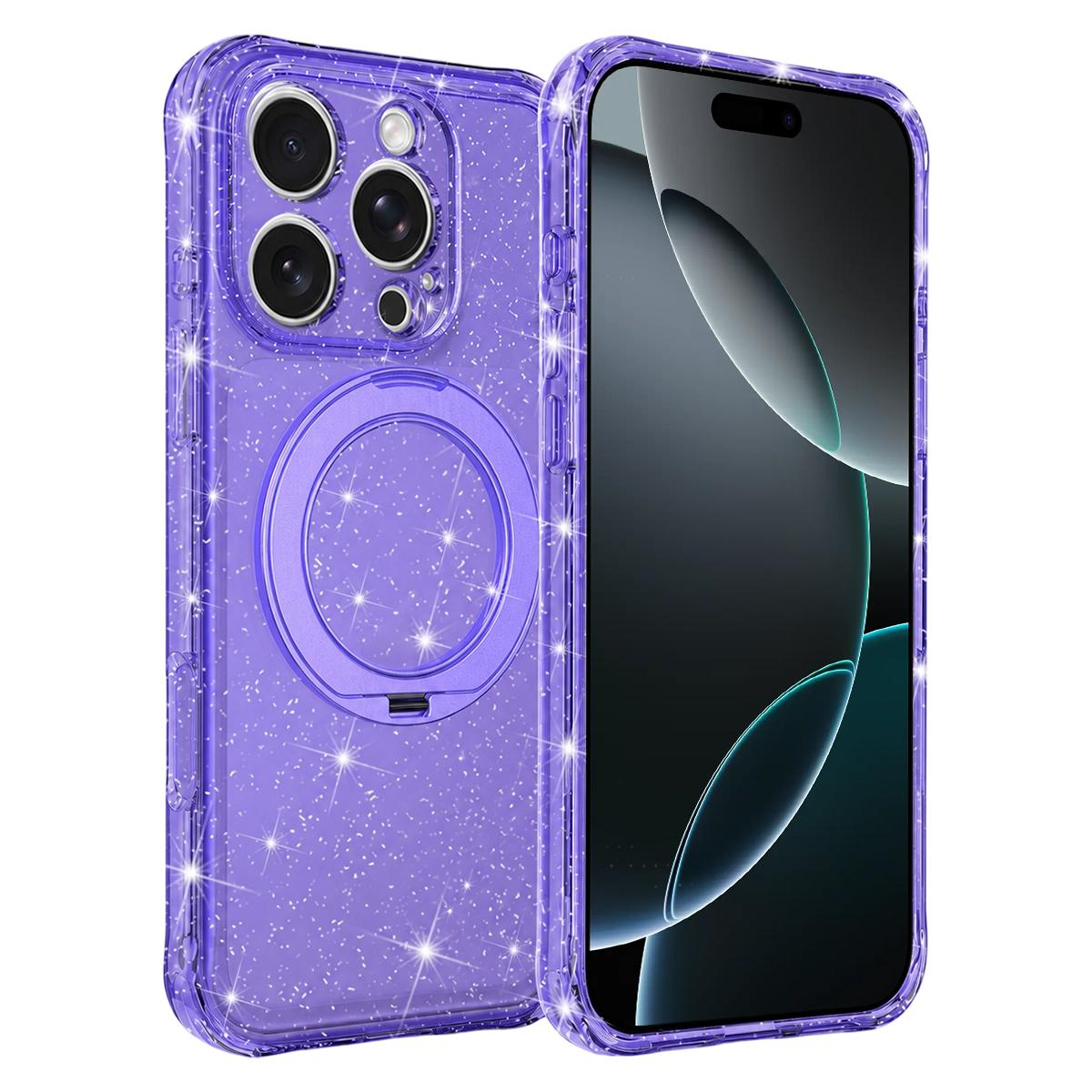 For iPhone 16 Pro Glitter 360 Rotation Magnetic Holder Phone Case - Purple - EDA009905907D
