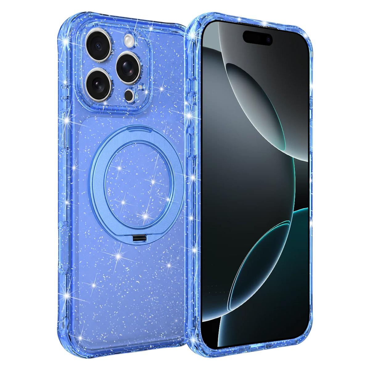 For iPhone 16 Pro Glitter 360 Rotation Magnetic Holder Phone Case - Blue - EDA009905907E