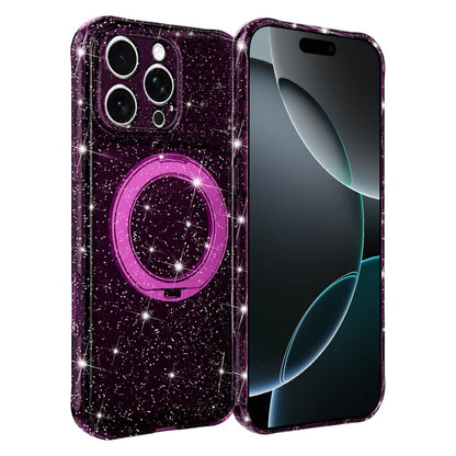For iPhone 16 Pro Glitter 360 Rotation Magnetic Holder Phone Case - Cherry Red - EDA009905907G
