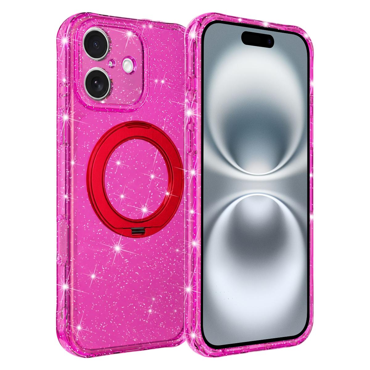 For iPhone 16 Glitter 360 Rotation Magnetic Holder Phone Case - Rose Red - EDA009905908A