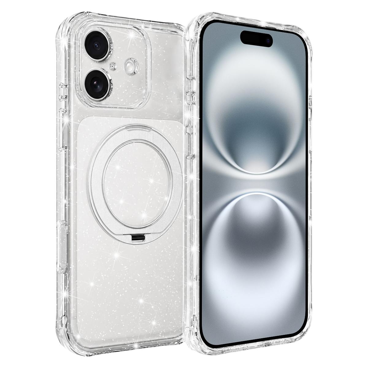 For iPhone 16 Glitter 360 Rotation Magnetic Holder Phone Case - White - EDA009905908C