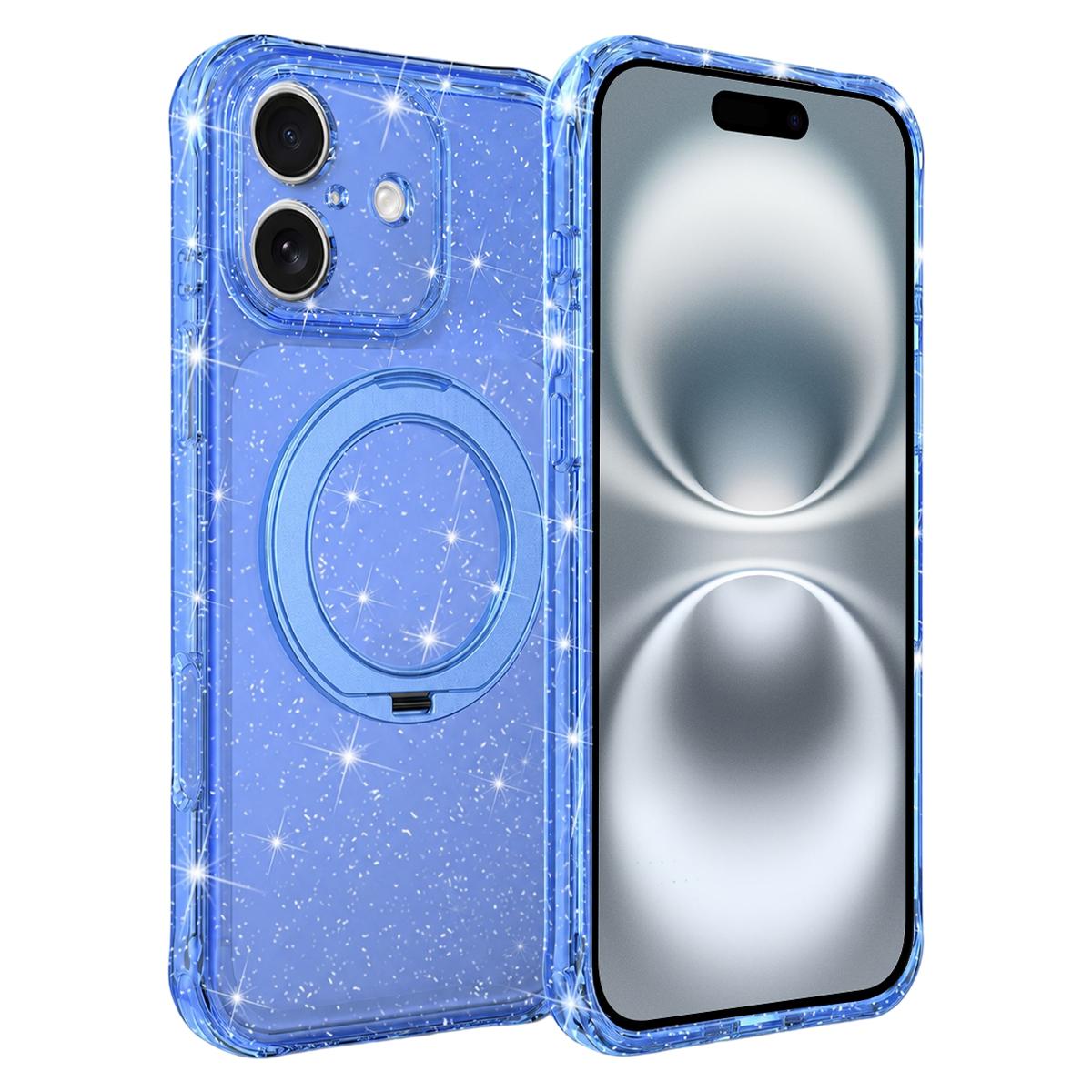 For iPhone 16 Glitter 360 Rotation Magnetic Holder Phone Case - Blue - EDA009905908E