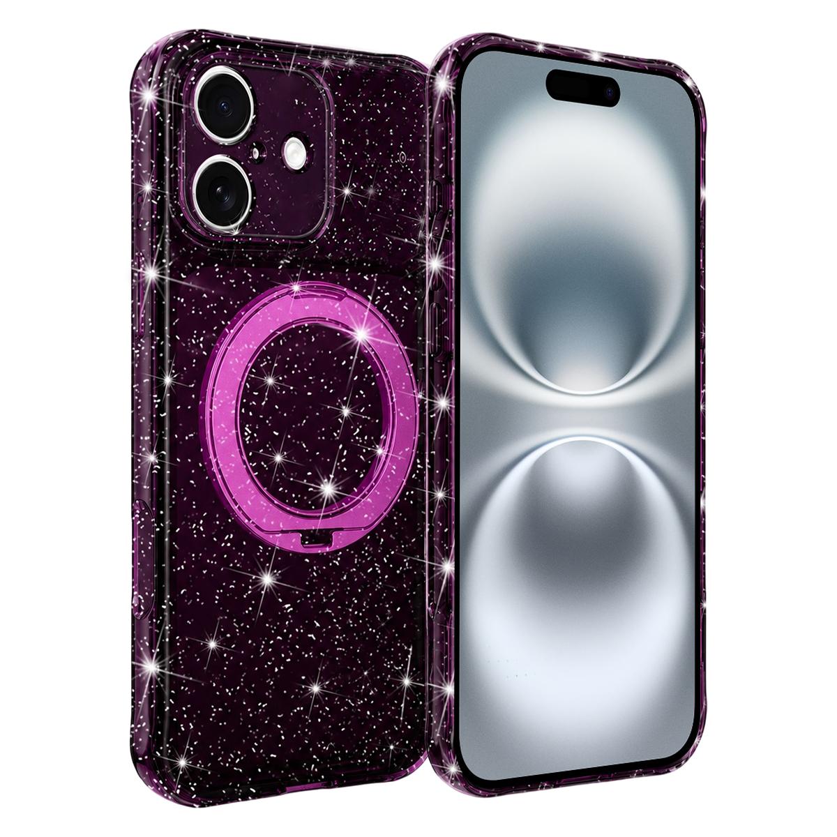 For iPhone 16 Glitter 360 Rotation Magnetic Holder Phone Case - Cherry Red - EDA009905908G