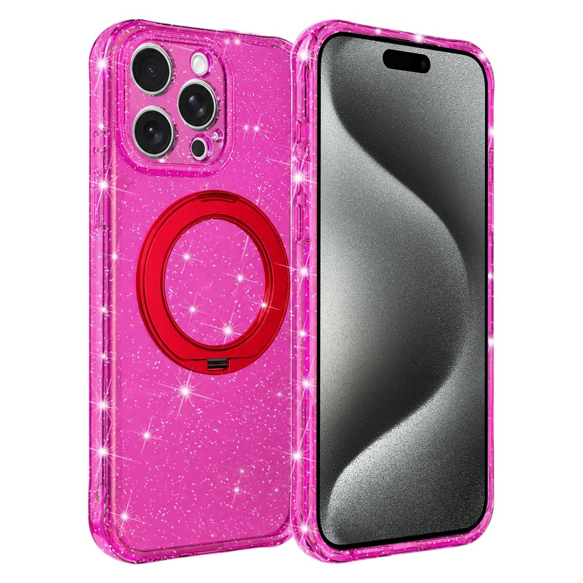 For iPhone 15 Pro Glitter 360 Rotation Magnetic Holder Phone Case - Rose Red - EDA009905910A
