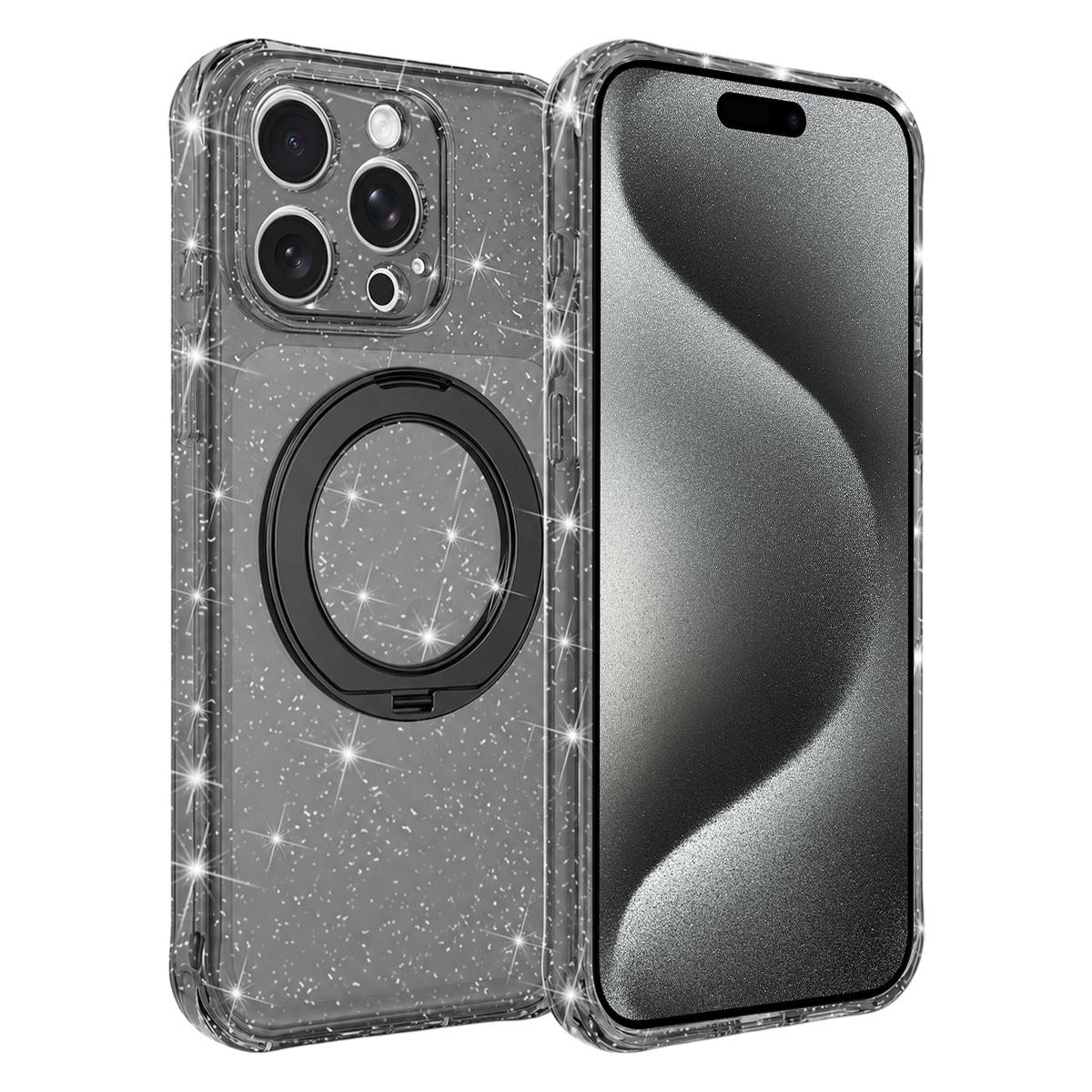 For iPhone 15 Pro Glitter 360 Rotation Magnetic Holder Phone Case - Black - EDA009905910B