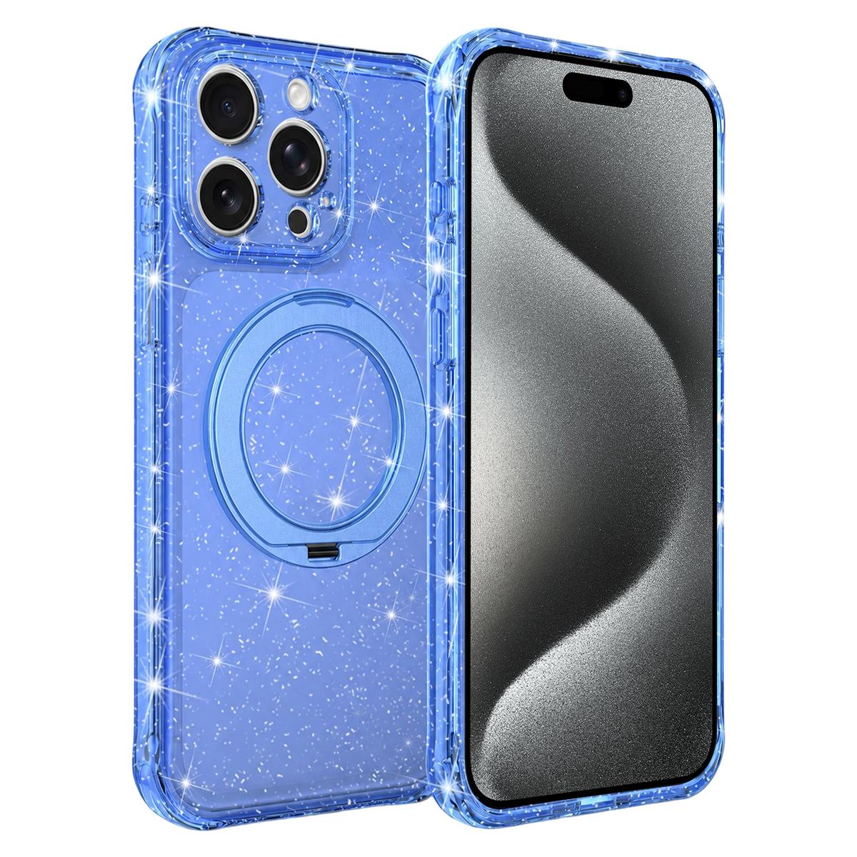 For iPhone 15 Pro Glitter 360 Rotation Magnetic Holder Phone Case - Blue - EDA009905910E