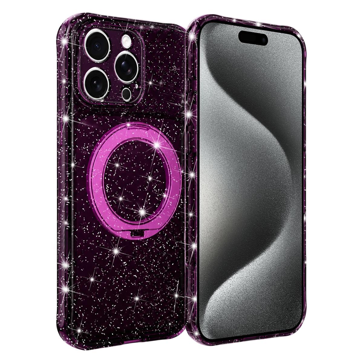For iPhone 15 Pro Glitter 360 Rotation Magnetic Holder Phone Case - Cherry Red - EDA009905910G