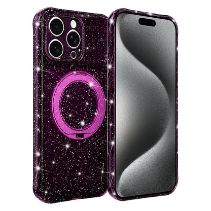 For iPhone 15 Pro Glitter 360 Rotation Magnetic Holder Phone Case - Cherry Red - EDA009905910G