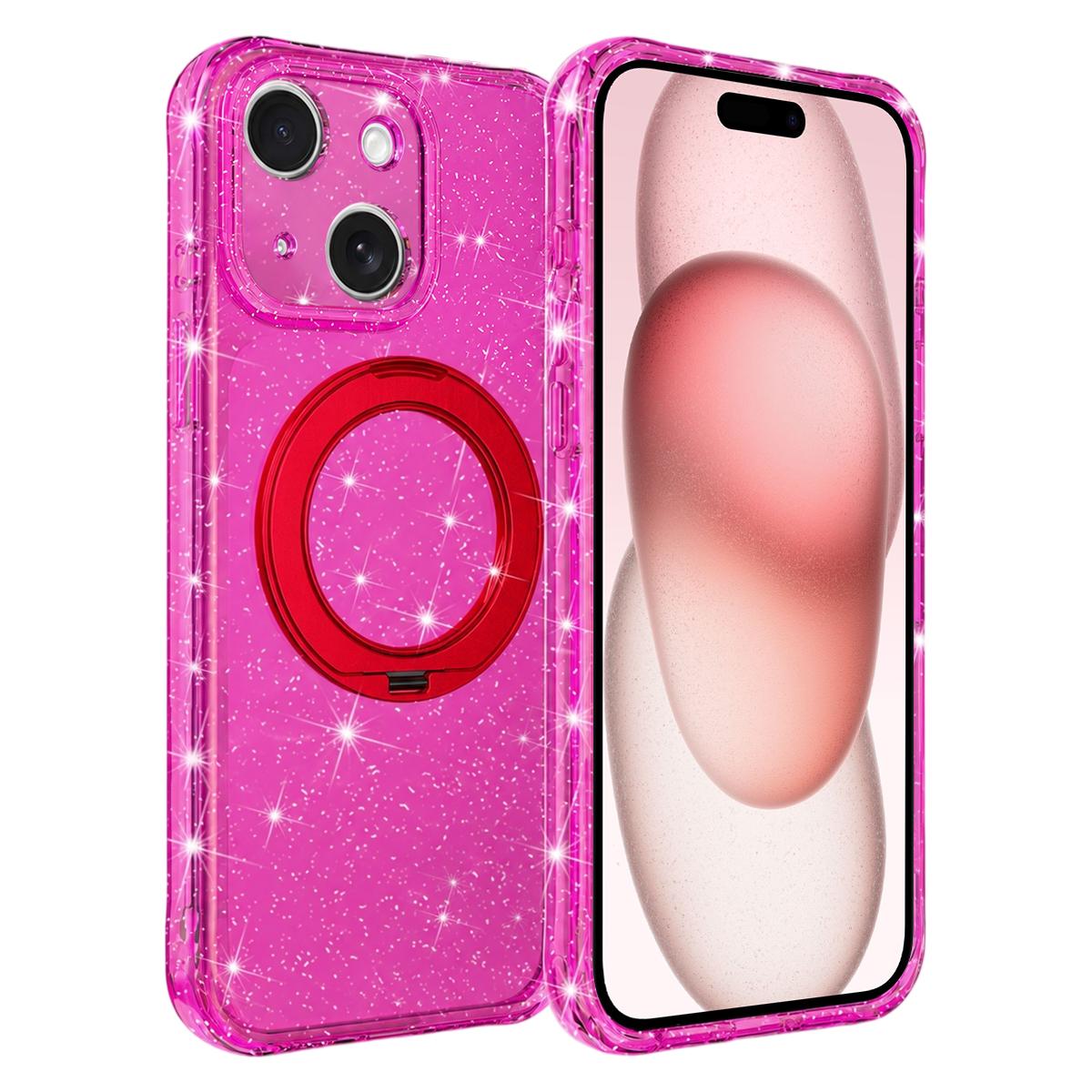 For iPhone 15 Glitter 360 Rotation Magnetic Holder Phone Case - Rose Red - EDA009905911A