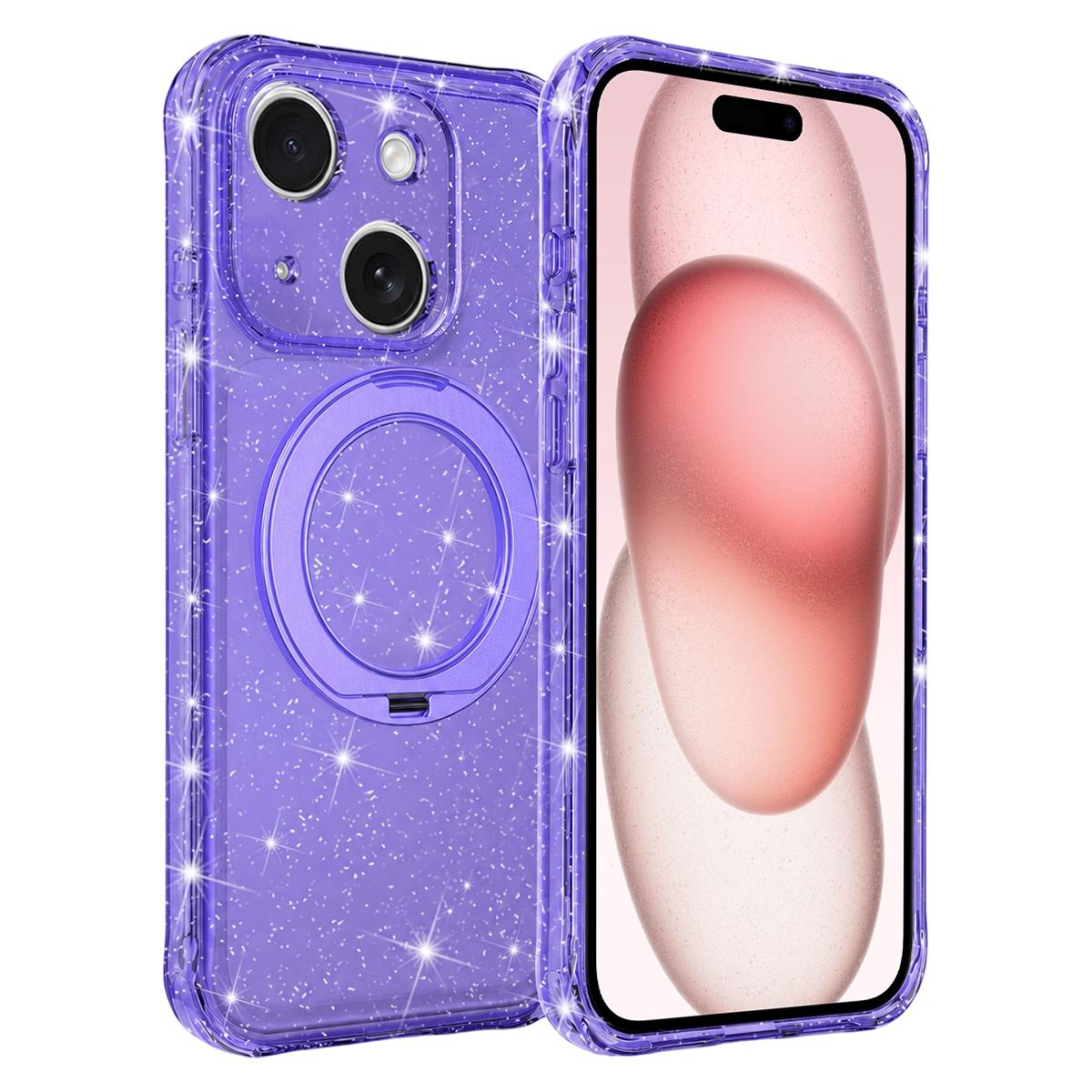 For iPhone 15 Glitter 360 Rotation Magnetic Holder Phone Case - Purple - EDA009905911D
