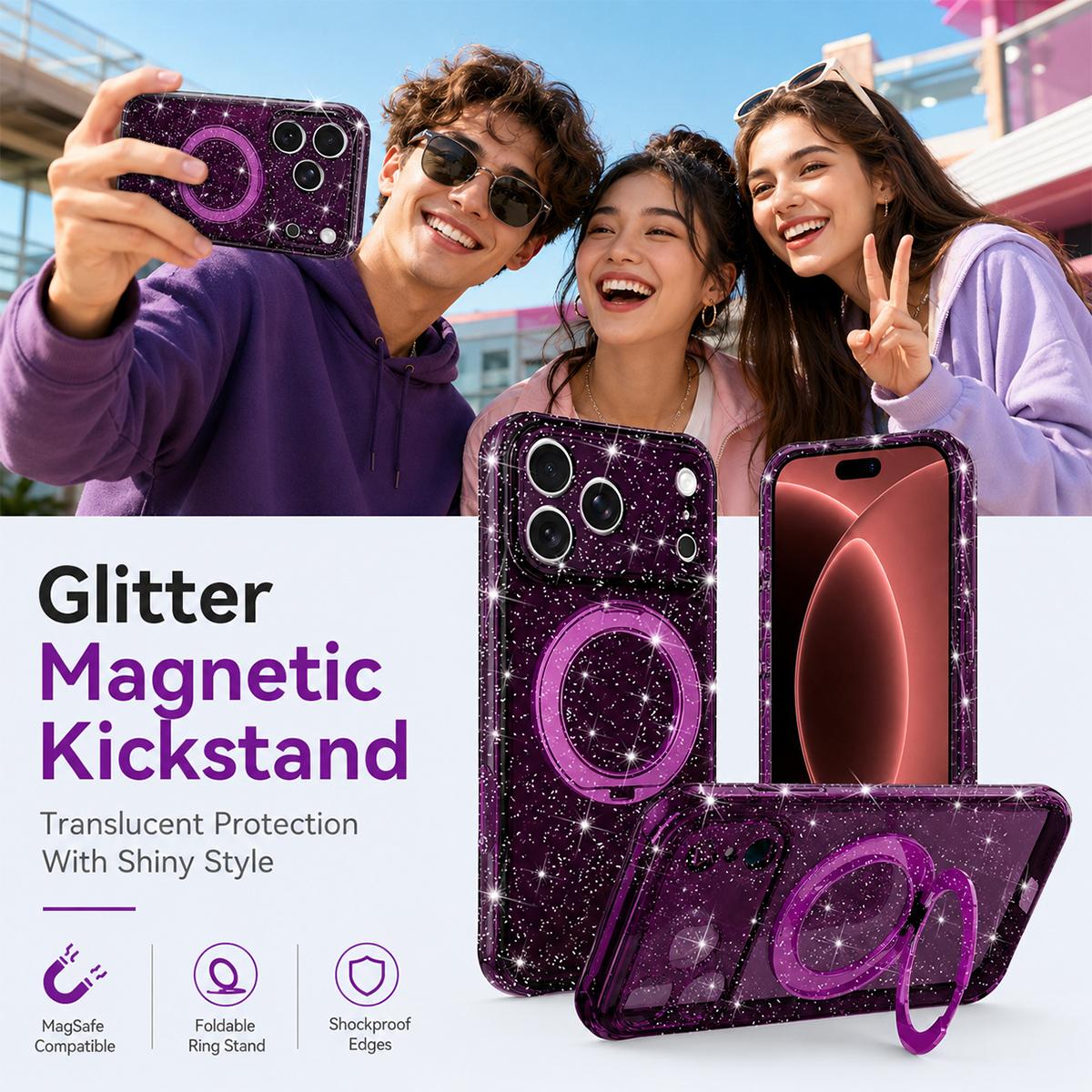 For iPhone 16 Glitter 360 Rotation Magnetic Holder Phone Case - Purple - EDA009905908D
