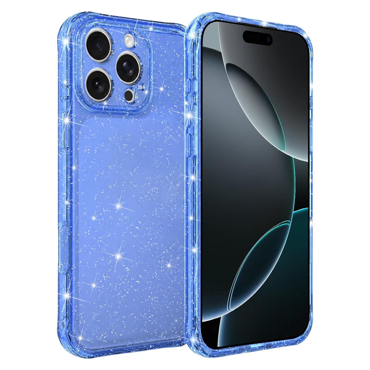 For iPhone 16 Pro Max Air-cushioned Corners Shockproof IMD Glitter Phone Case - Blue - EDA009906306E