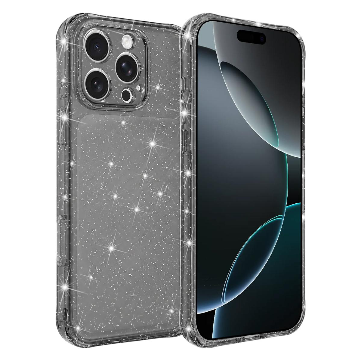 For iPhone 16 Pro Air-cushioned Corners Shockproof IMD Glitter Phone Case - Black - EDA009906307B