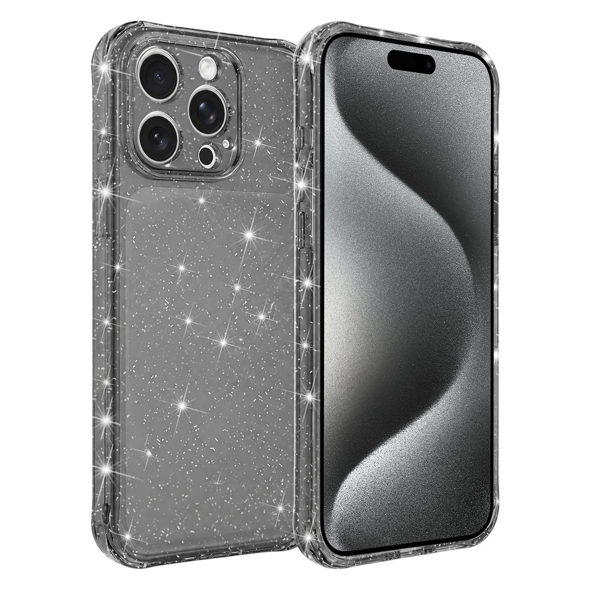 For iPhone 15 Pro Max Air-cushioned Corners Shockproof IMD Glitter Phone Case - Black - EDA009906309B