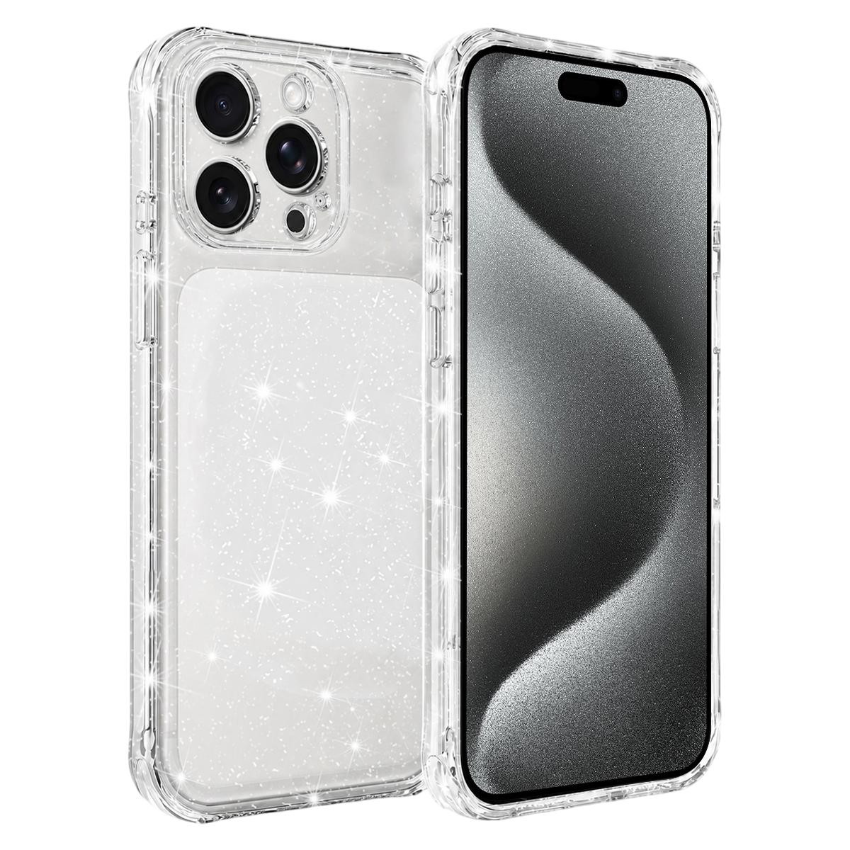 For iPhone 15 Pro Max Air-cushioned Corners Shockproof IMD Glitter Phone Case - White - EDA009906309C