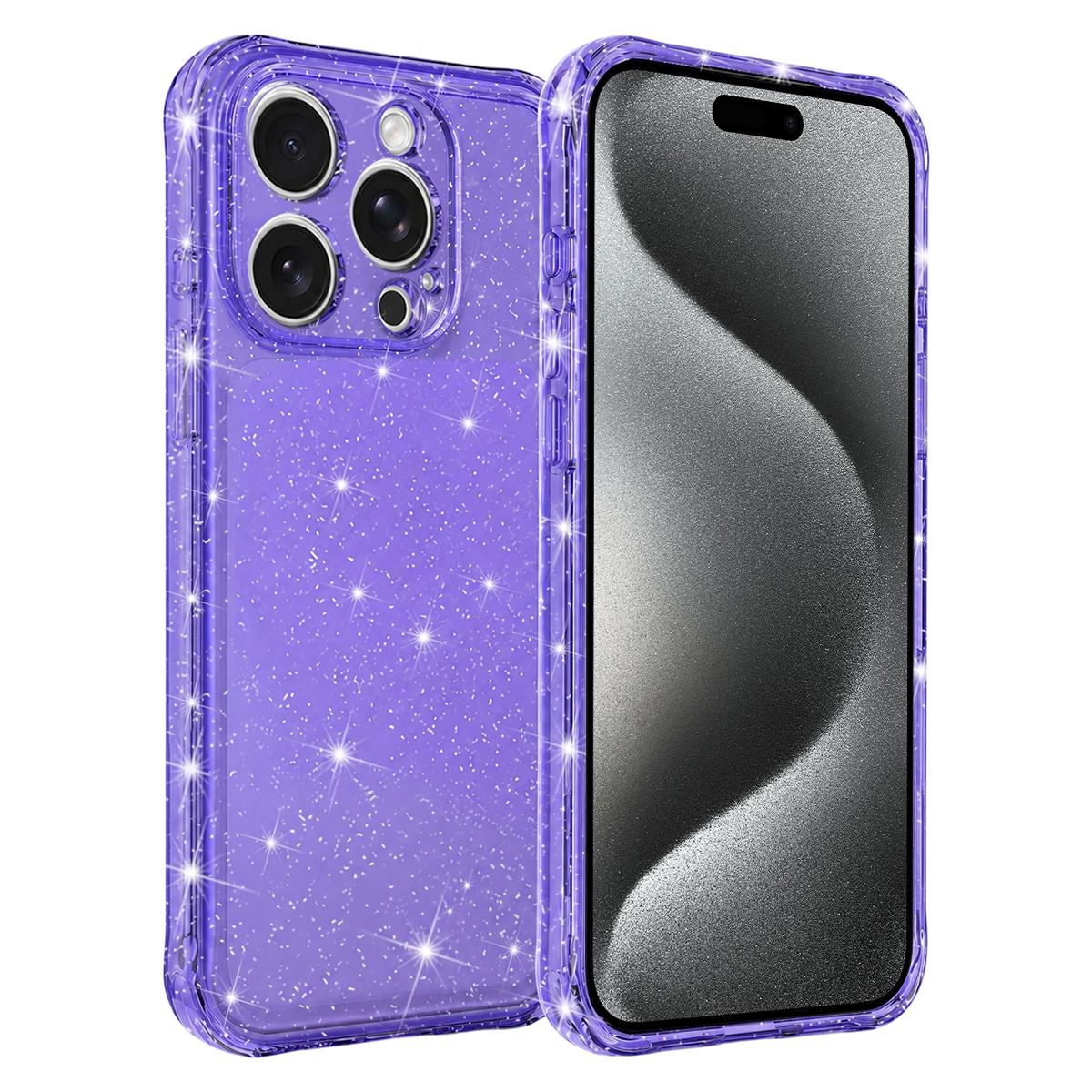 For iPhone 15 Pro Max Air-cushioned Corners Shockproof IMD Glitter Phone Case - Purple - EDA009906309D