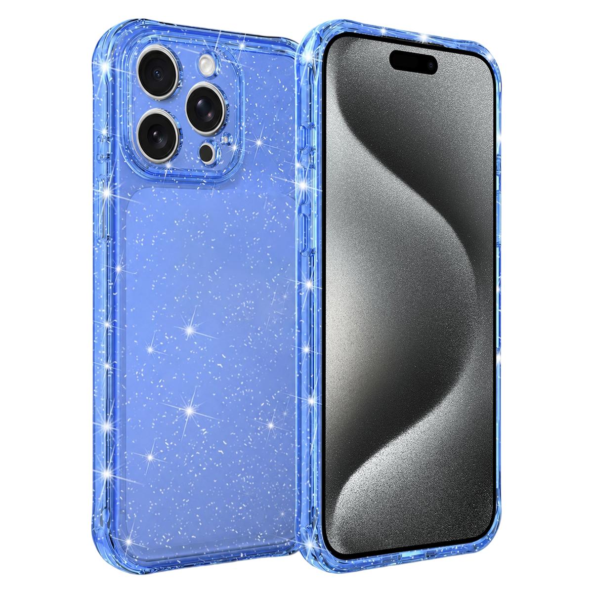 For iPhone 15 Pro Max Air-cushioned Corners Shockproof IMD Glitter Phone Case - Blue - EDA009906309E