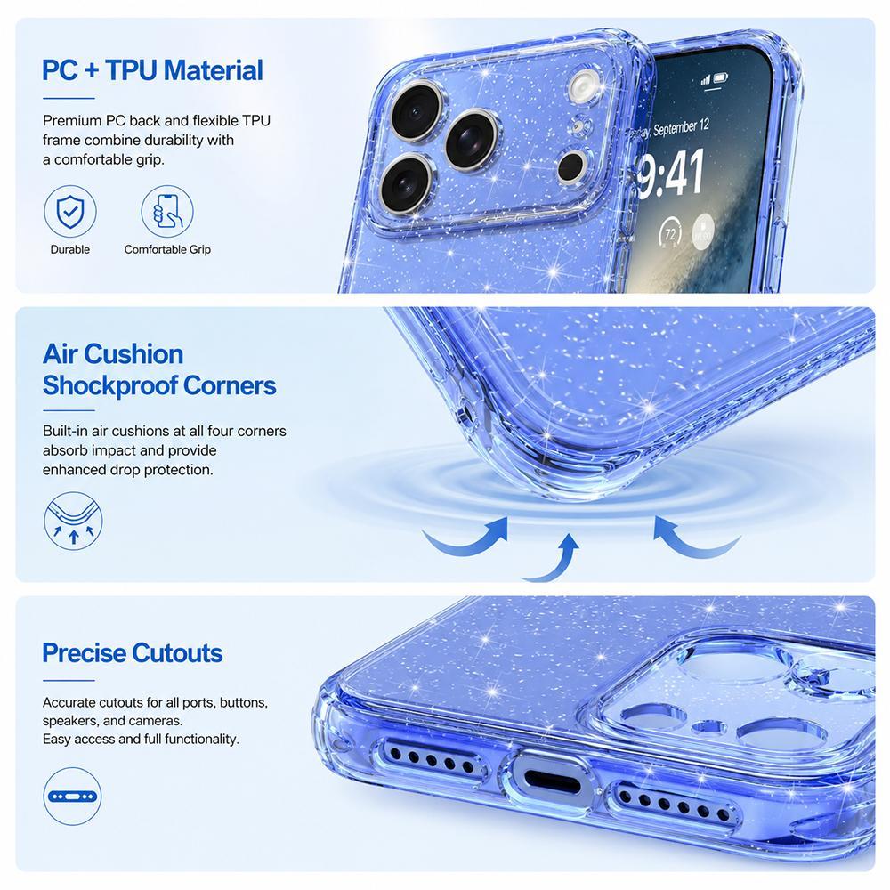 For iPhone 17 Air-cushioned Corners Shockproof IMD Glitter Phone Case - Blue - EDA009906305E
