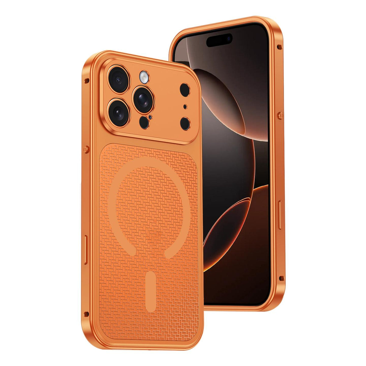 For iPhone 16 Pro Cooling Magnetic Buckle Metal Shockproof Phone Case - Orange - EDA009908605D