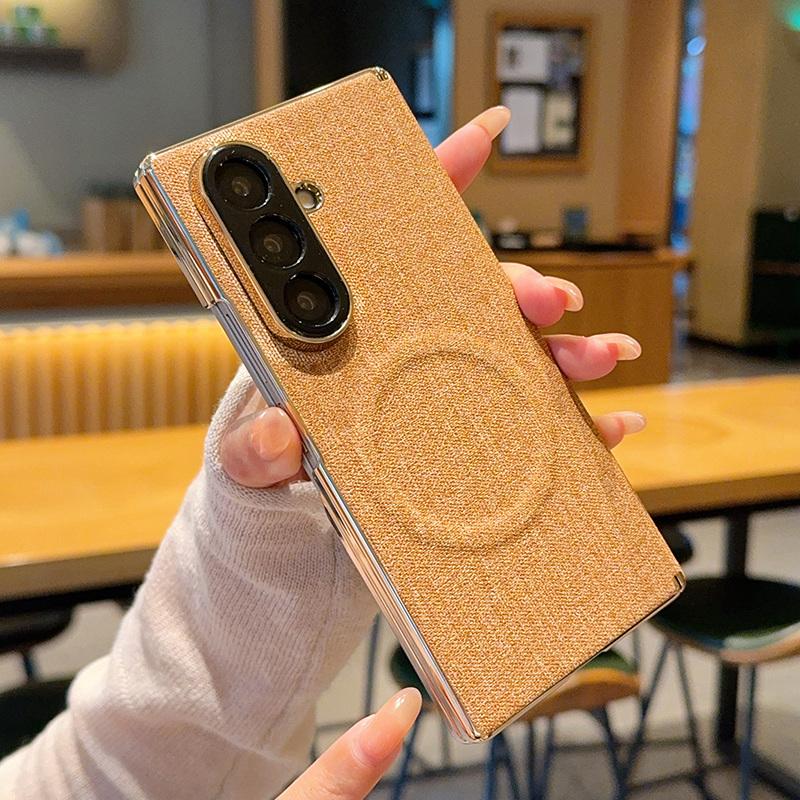 For Galaxy Z Fold8 Ultra 5G Electroplate Dual-Hinge Fabric Texture Magnetic Phone Case - Khaki - EDA009912702A