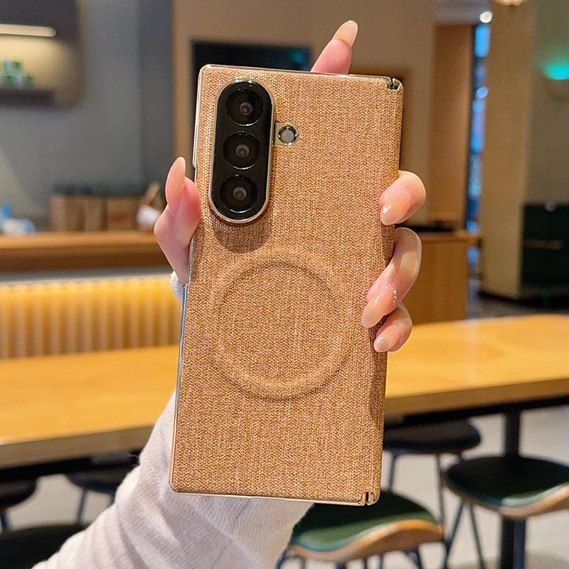 For Galaxy Z Fold8 Ultra 5G Electroplate Dual-Hinge Fabric Texture Magnetic Phone Case - Khaki - EDA009912702A