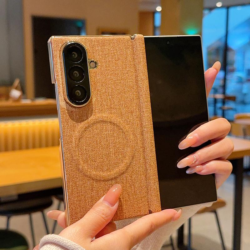 For Galaxy Z Fold8 Ultra 5G Electroplate Dual-Hinge Fabric Texture Magnetic Phone Case - Khaki - EDA009912702A