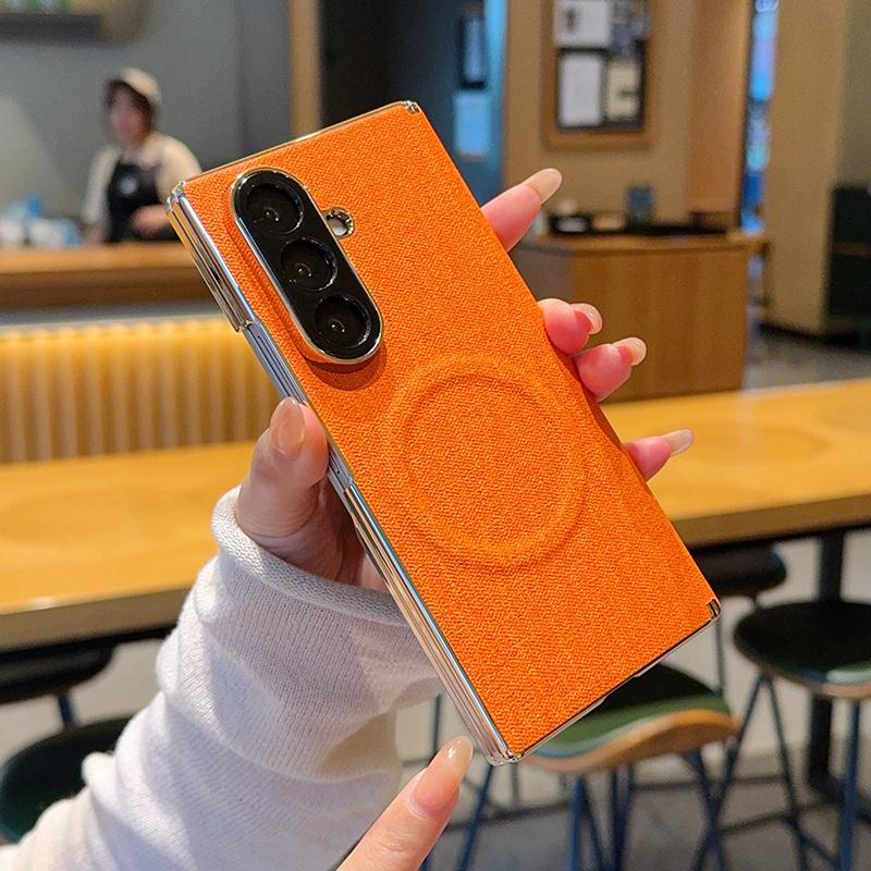 For Galaxy Z Fold8 Ultra 5G Electroplate Dual-Hinge Fabric Texture Magnetic Phone Case - Orange - EDA009912702B