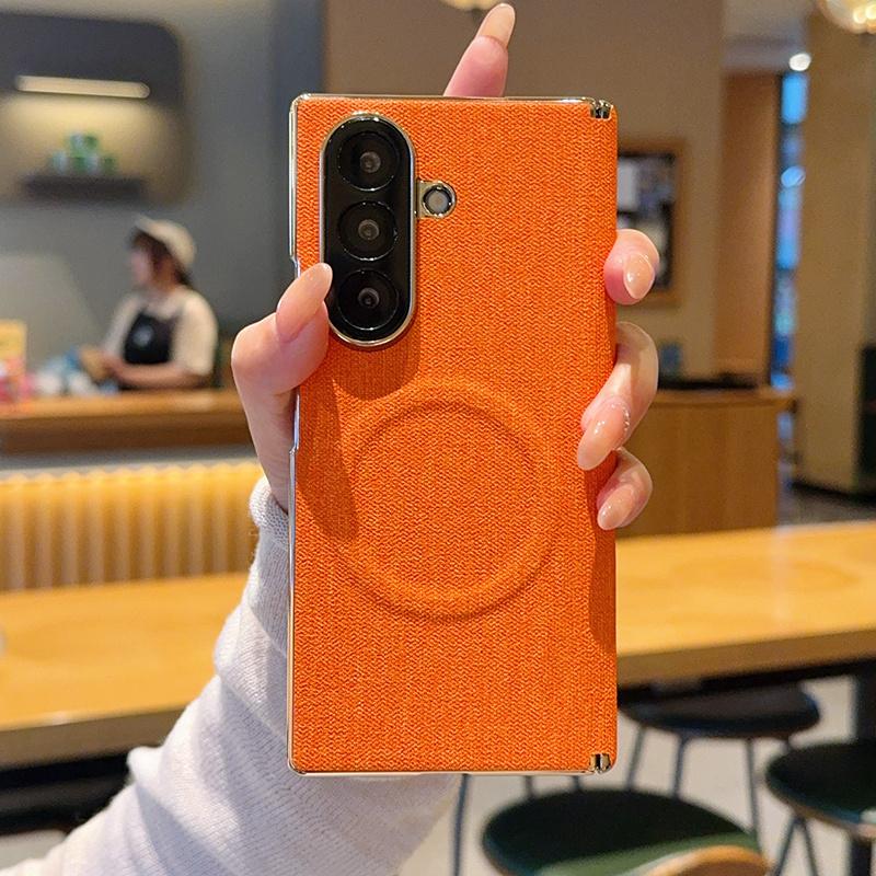 For Galaxy Z Fold8 Ultra 5G Electroplate Dual-Hinge Fabric Texture Magnetic Phone Case - Orange - EDA009912702B