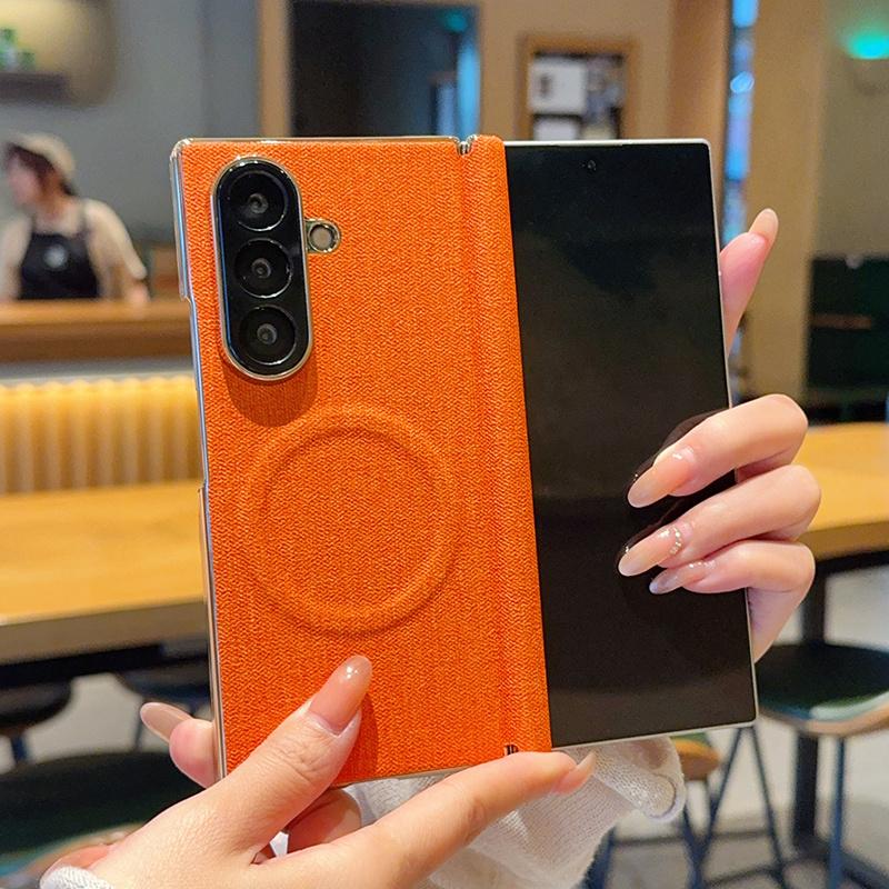 For Galaxy Z Fold8 Ultra 5G Electroplate Dual-Hinge Fabric Texture Magnetic Phone Case - Orange - EDA009912702B