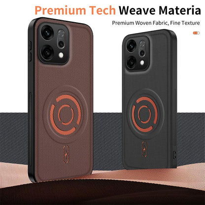 For OPPO Reno14 5G Global WANLONFENG Tech Fabric Texture Magnetic PC Hybrid TPU Phone Case(Coffee)