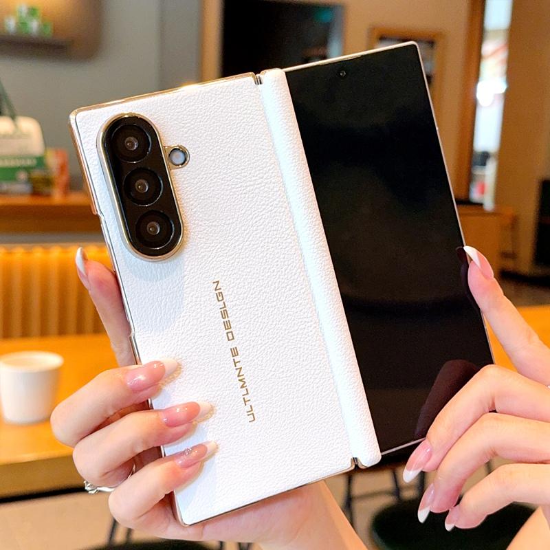 For Galaxy Z Fold7 / W26 Electroplate Dual-Hinge Litchi Texture Phone Case - White - EDA009927203A