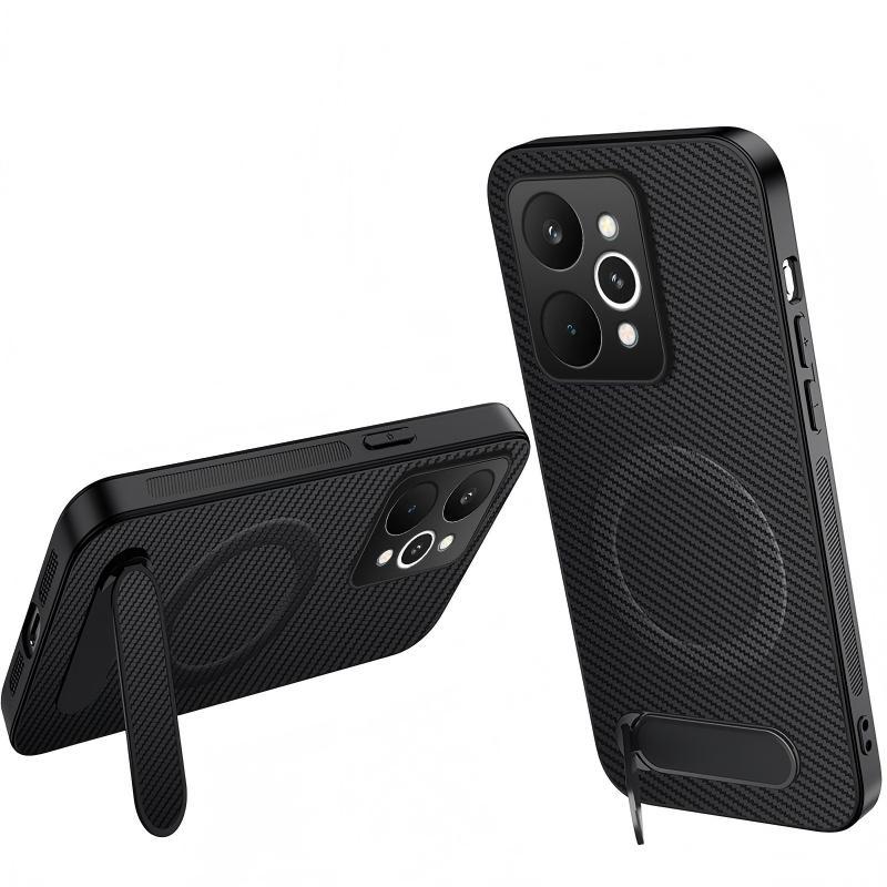 For Realme P4 Power 5G WANLONFENG Kickstand Carbon Fiber Texture Magnetic Phone Case - Black - EDA009928303A