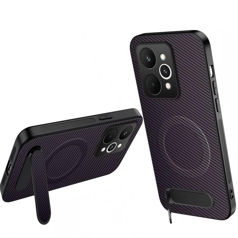 For Realme P4 Power 5G WANLONFENG Kickstand Carbon Fiber Texture Magnetic Phone Case - Purple - EDA009928303D
