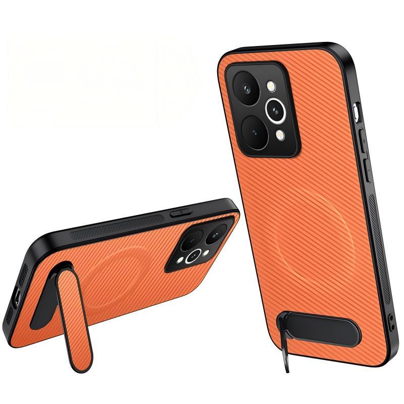 For Realme P4 Power 5G WANLONFENG Kickstand Carbon Fiber Texture Magnetic Phone Case - Orange - EDA009928303E