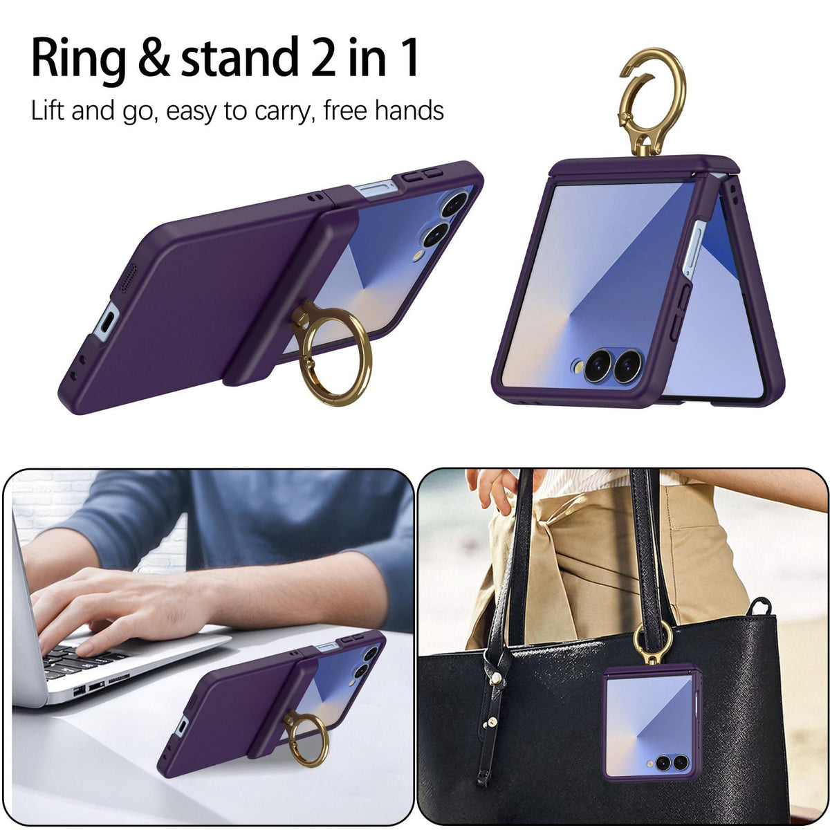 For Galaxy Z Flip8 5G Skin Feel PC Hinge Ring Holder Phone Case - Dark Purple - EDA009928801C
