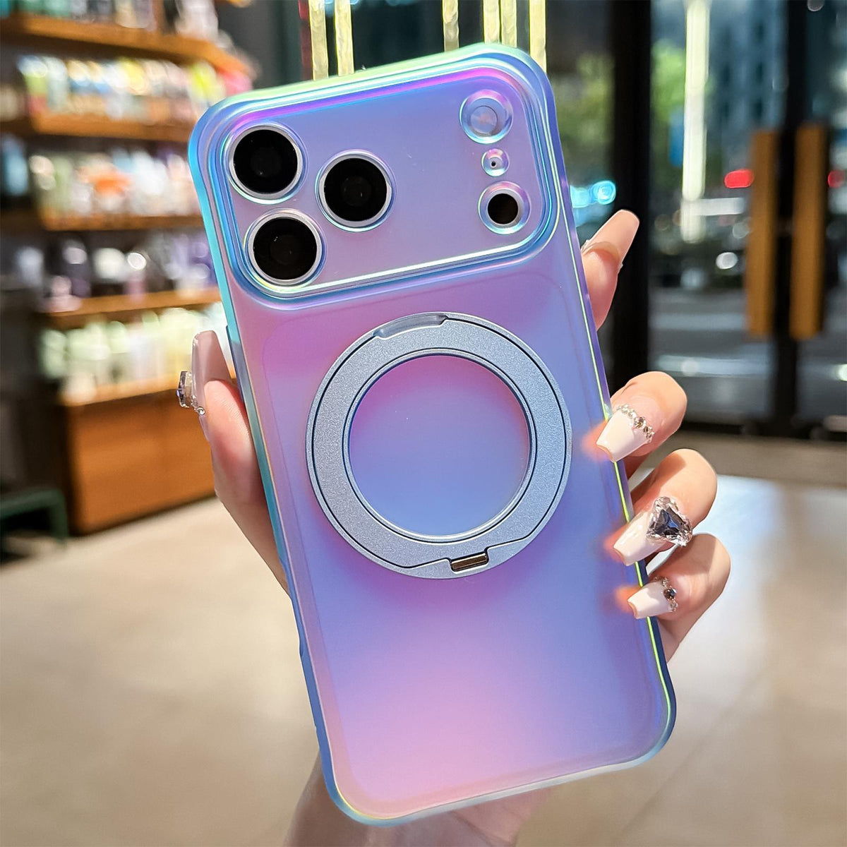 For iPhone 18 Pro Max Iris Mirror Magnetic Ring Holder Phone Case - Ice Blue - EDA009929702E