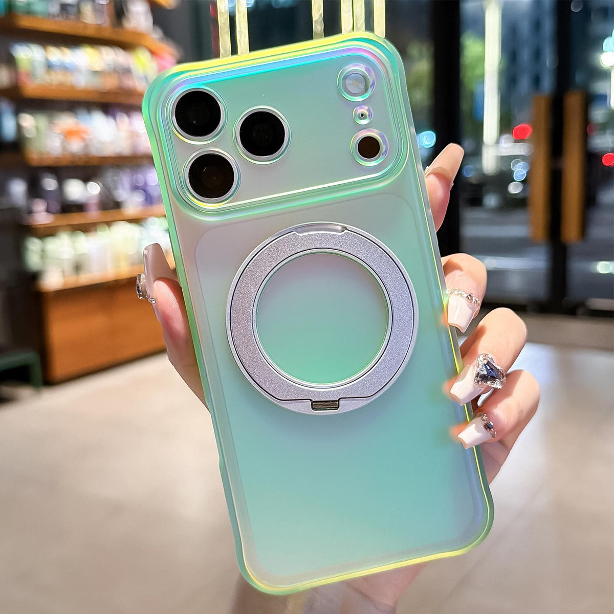 For iPhone 18 Pro Max Iris Mirror Magnetic Ring Holder Phone Case - Lime - EDA009929702F